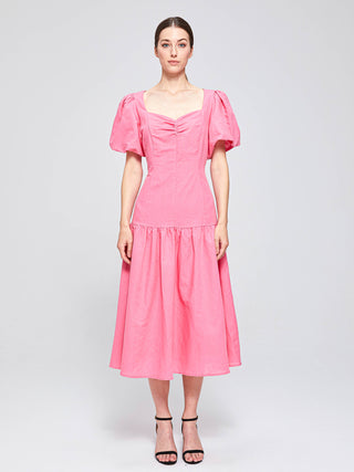 SWAN PUFF SLEEVE MIDI DRESS - HOT PINK