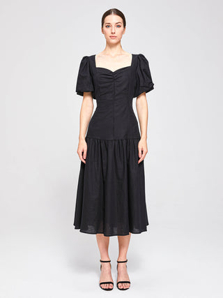 SWAN PUFF SLEEVE MIDI DRESS - BLACK