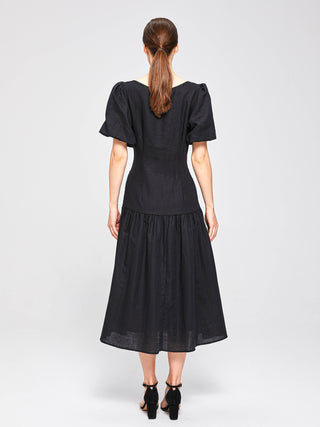 SWAN PUFF SLEEVE MIDI DRESS - BLACK