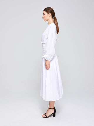 DIVINITY SHIRRED MIDI DRESS - WHITE