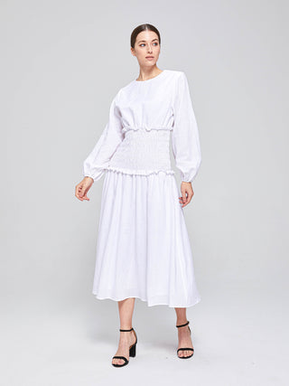 DIVINITY SHIRRED MIDI DRESS - WHITE